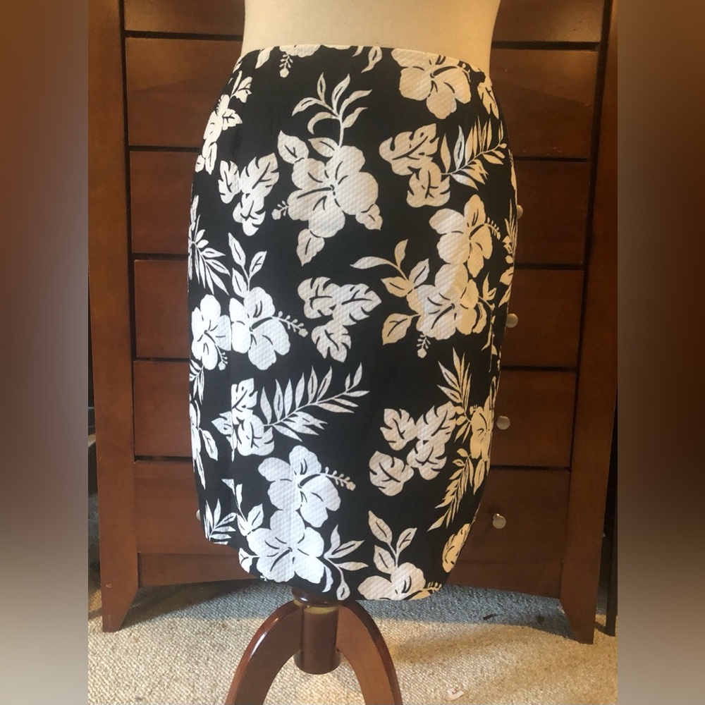Talbots Black Pencil Skirt with White Floral Print